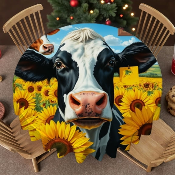 RKSupls 60 Inch Round Tablecloth, Farm Cow Sunflower Polyester Table Cover - Soft, Stain Resistant & Washable Decor for Wedding, Party, Holiday, Home Dining