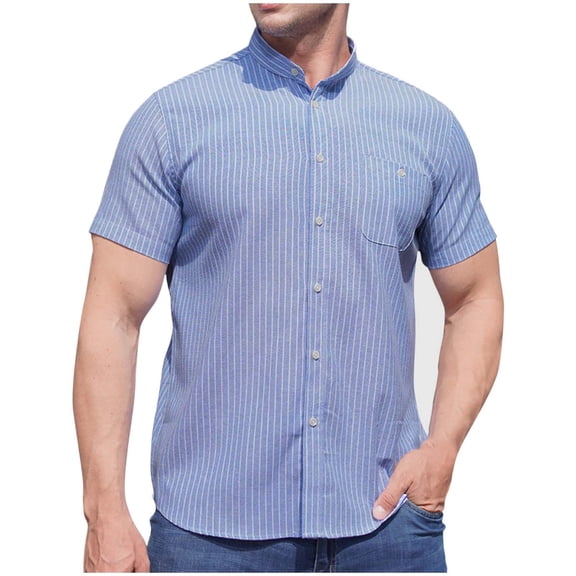 ZVNAΖH Men's Short Sleeve Button Down Shirts Cotton Embroidery Striped Shirts Casual Stand-up Collar Pocket Work Shirt