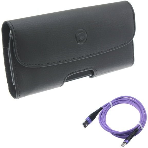 10ft USB-C Cable w Case Belt Clip for Samsung Galaxy S21,S20 - Purple Type-C Charger Cord, Leather Holster Cover