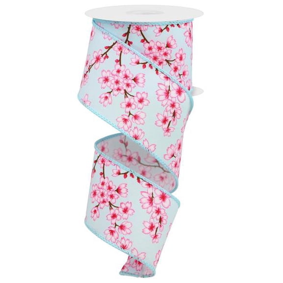 Cherry Blossoms Canvas Wired Edge Ribbon, 10 Yards (2.5 Inch, Light Blue)