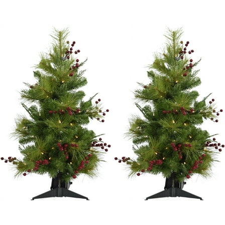 Fraser Hill Farm Set of Two 4-Ft. Newberry Pine Artificial Trees with LED String Lights, FFNP056-5GRB/SET2
