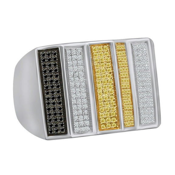 AFFY 0.84 Carat Round Yellow,White & Black Diamond Natural Diamond Men's Ring 925 Sterling Silver