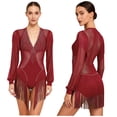 thumbnail image 2 of Aislor Women Latin Tango Fringe Dance Dress Singer Performance Stage Ballroom Rumba Chacha Skirt Burgundy M, 2 of 7