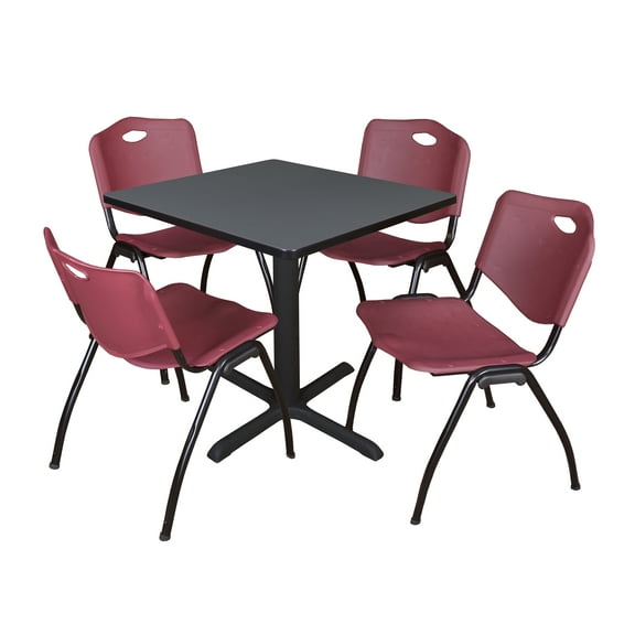 Cain 30" Square Breakroom Table- Grey & 4 'M' Stack Chairs- Burgundy