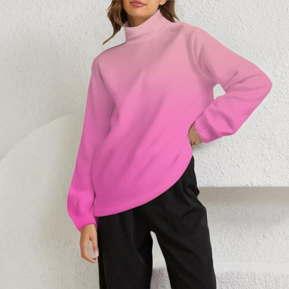 Women's Plus Size Mock Neck Pullover, Gradient Color Thermal Lined Sweatshirt, Soft Fleece Crewneck Long Sleeve Top, Comfortable Loungewear for Casual Winter Wear and Home Relaxation Hot Pink L