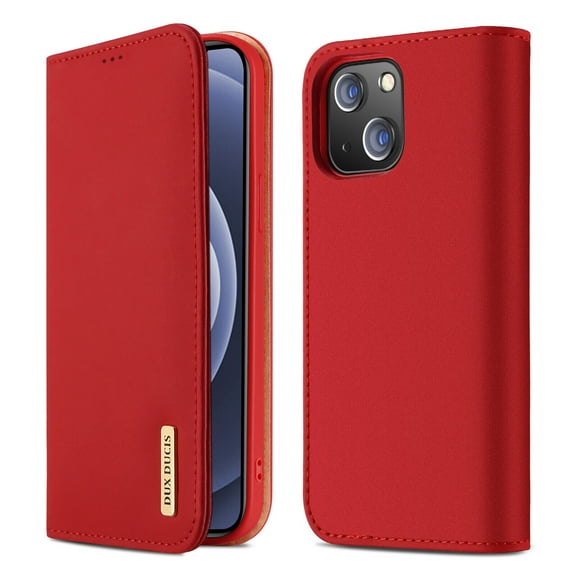 iPhone 13 Case, Genuine Leather Magnetic Closure Full Protection Folio Flip Phone Case with Card Holder [Shockproof TPU Inner Shell] for iPhone 13 Wallet Case 6.1 Inch - Red