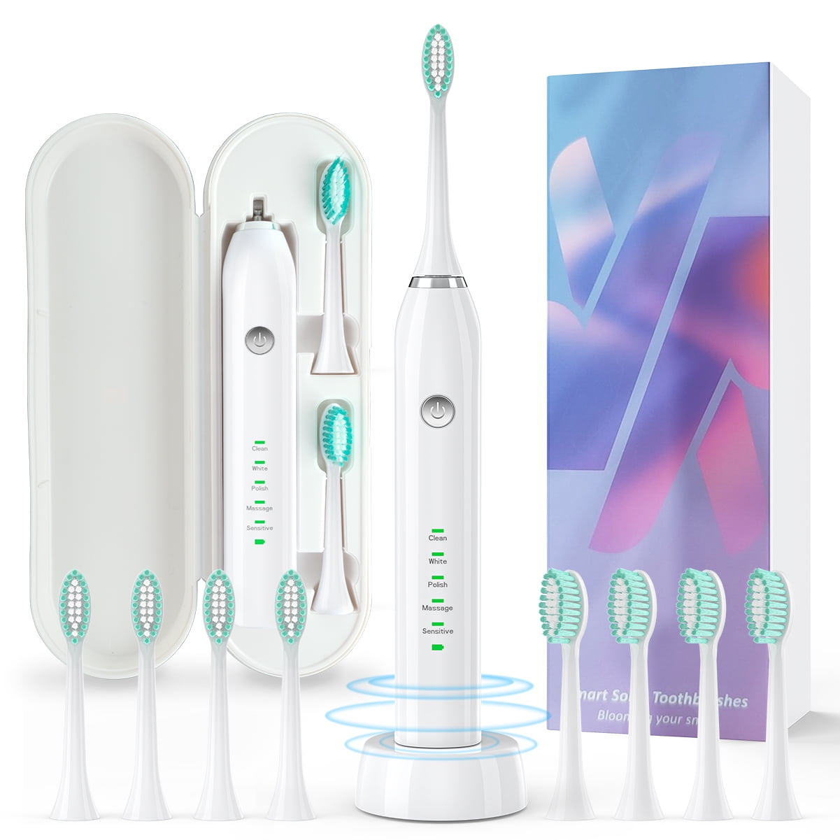 Teeth Whitening Toothbrush 6 Modes Electric Toothbrush Sonic Rechargeable Toothbrushes with 8 Brush Heads for Adults Waterproof USB Toothbrush with Smart Timer in White Teens and People with Braces