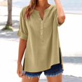 thumbnail image 2 of Linen Shirts for Women Button Down Shirts Short Sleeve Rolled up Cotton Tops Henley V Neck Solid Casual Blouses, 2 of 5