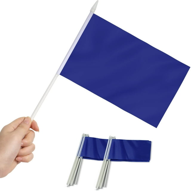 Anley Blue Mini Flag 12 Pack - Hand Held Small Miniature Solid Blue Blank Flags on Stick - 5x8 Inch with Solid Pole & Spear Top