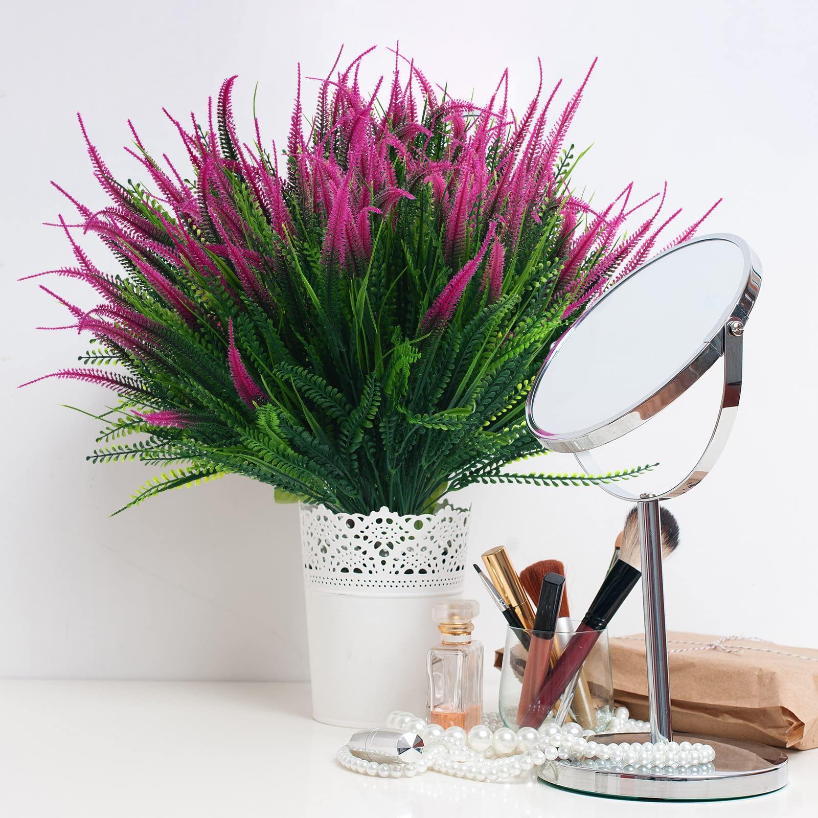 8 Pcs Artificial Plants for Outdoors UV Resistant Plastic Faux Shrubs Greenery Bushes Fake Setaria Flowers for Home Garden Table Centerpiece Indoor Outside Decor (Fuchsia)