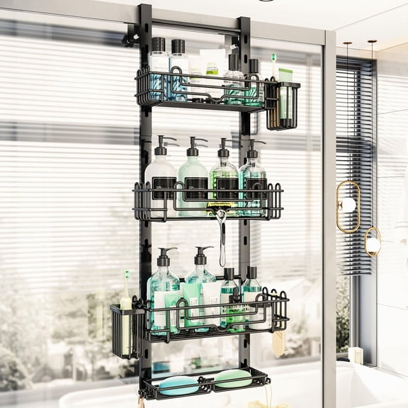4 Tier Over the Door Shower Caddy, Hanging Shower Caddy with 22 Hooks and 2 Toothbrush Holders, No Drilling Adjustable Hanging Bathroom Organizer - Black