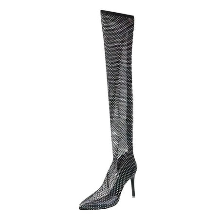 

GNEIKDEING Solid Color High Pointed Boots Rhinestone Shoes Heels Over Thin Women The Knee High Toe Women s Boots Gift on Clearance