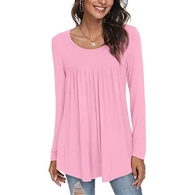 Blusa De Manga Larga Para Mujer, Color Puro Con Volantes, Parte Superior Transpirable Suelta Para Fiesta ANGGREK Rosa L