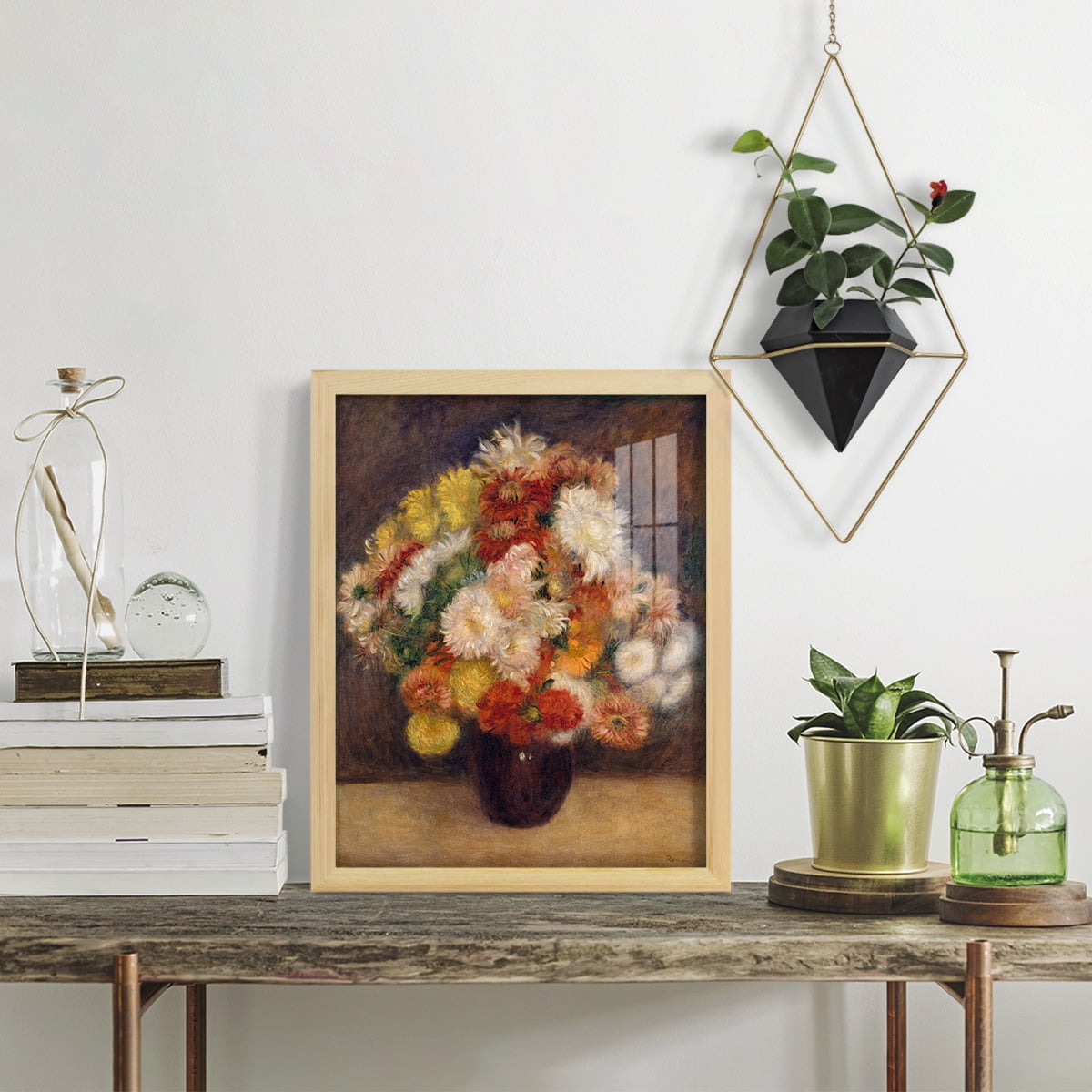 Bouquet of Chrysanthemums -Framed Print w/glass-Natural Wood