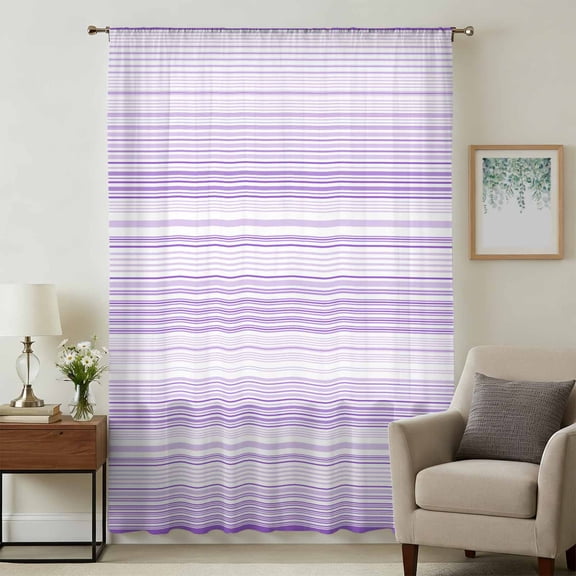 Purple Stripe Sheer Curtains 96 Inches Long, Abstract Art Modern Vertical Striped Light Filering Curtains, Privacy Drapes Simi Floor to Veiling Curtain for Living Room Bedroom Large Window Treatment