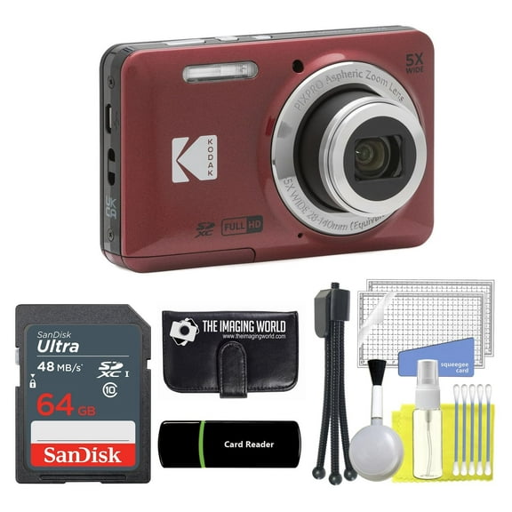 Kodak PIXPRO FZ55 Red 16MP Digital Camera 5X Optical Zoom 28mm Wide Angle 1080P Full HD Video 2.7" LCD Camera   64GB Card and Reader   Memory Wallet   Tripod   Cleaning Bundle