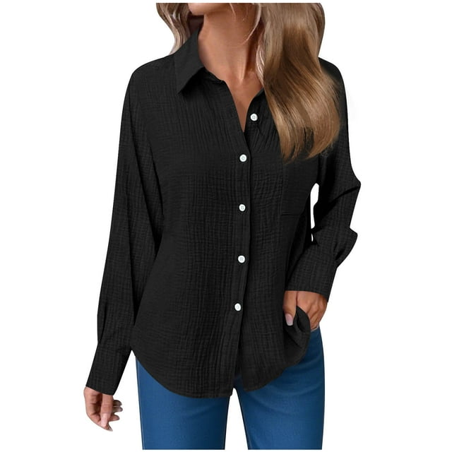 ABATAB Women Button down Long Sleeve Tops Casual Lapel V-Neck Basic Shirts with Pockets Lightweight Summer Fall Classic Blouses(Small,Black 2)