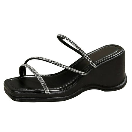 

TUOBARR Casual Sandals for Women Open Toe Flatform Wedge Strap Sandals Orthopedic Sandals Fancy Rhinestones Jeweled Sandals for Beach Shoes Black B