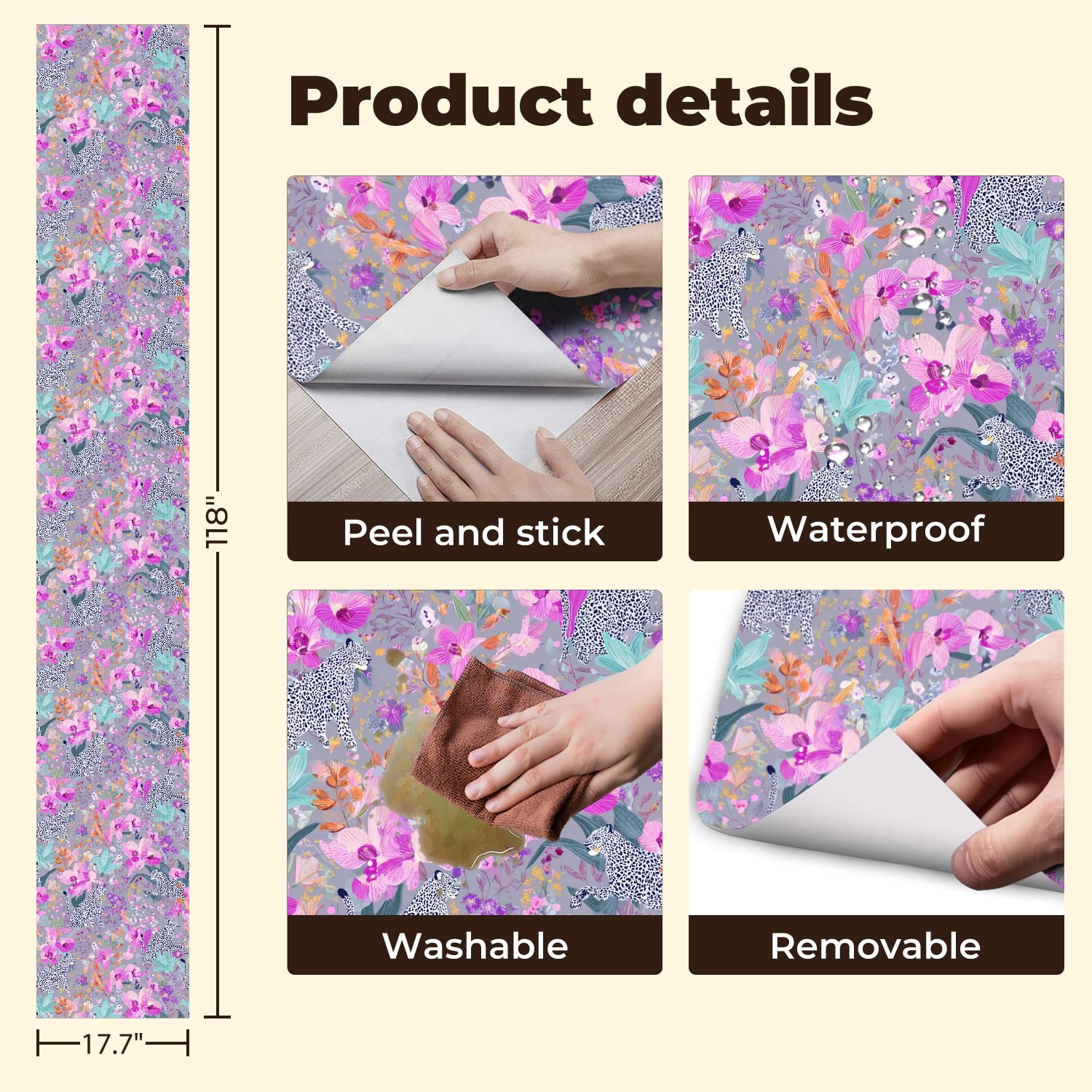 Cheetah Peel and Stick Wallpaper 17.7in x 9.8ft Leopards Among Tropical Orchid Flowers Pink Purple Contact Paper Vinyl Waterproof Self Adhesive Wall Paper for Bedroom Shelf Cabinet Renter Friendly