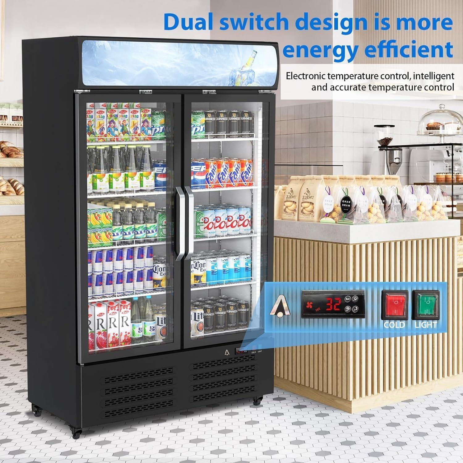 Commercial Merchandiser Refrigerator, 2 Glass Door Display Refrigerator, 25.3 Cu. Ft Upright Beverage Display Cooler with LED Light, Adjustable Shelves