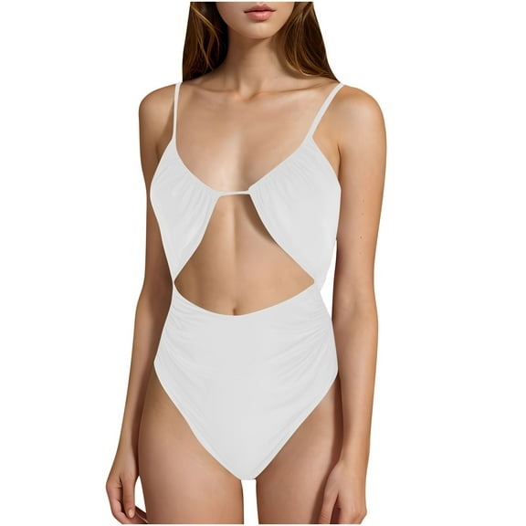 One Piece Cheeky Swimsuits for Women Cutout Ruched Bathing Suits Spaghetti Strap Adjustable Open Back Vacation Beachwear White, M
