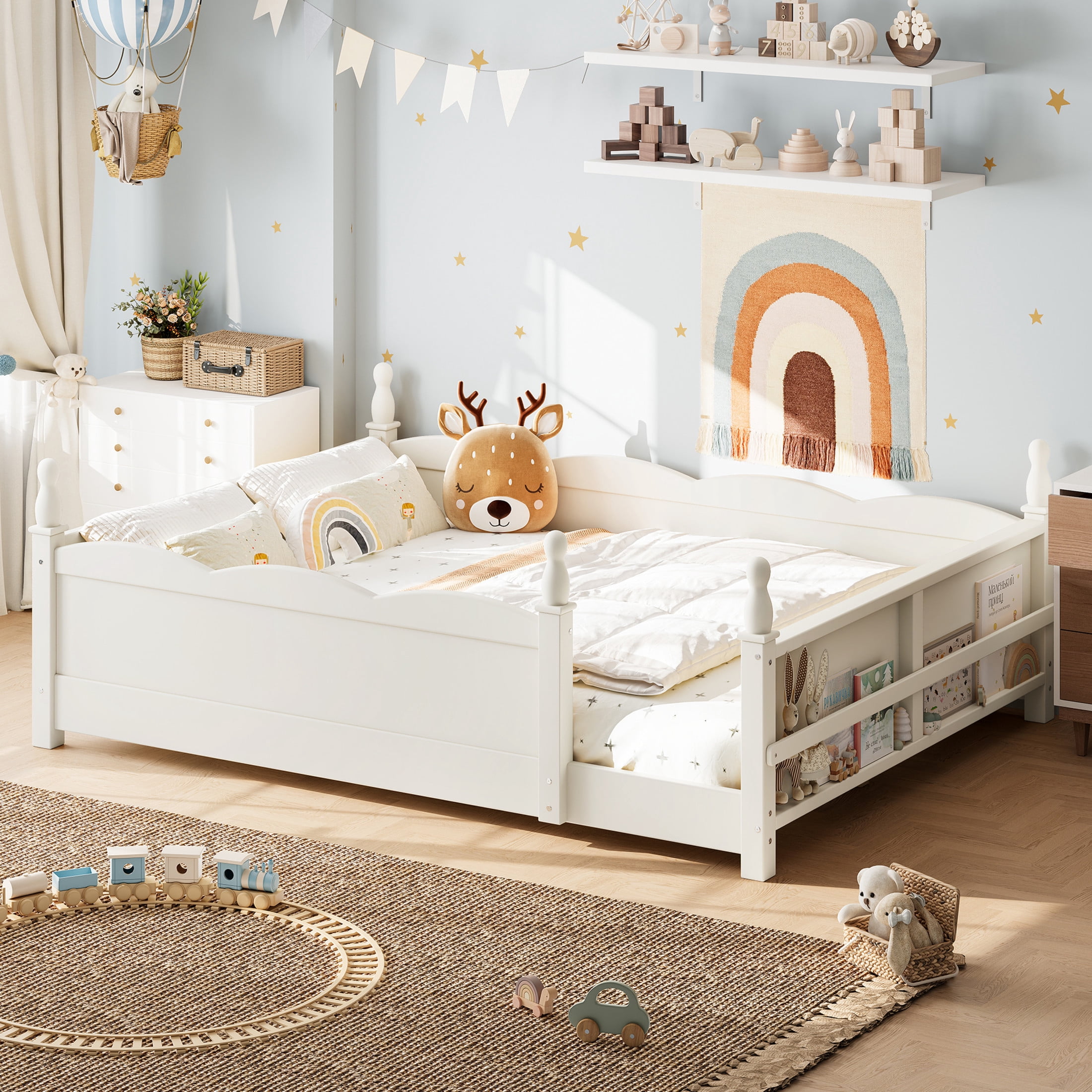 GDF Studio Full Size Montessori Floor Bed with Guardrails & Side Bookshelf, Childlike Design, Beige White