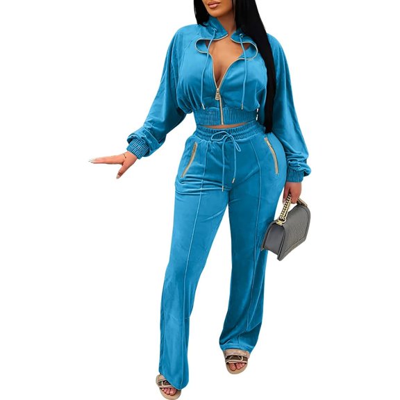 Women 2 Piece Outfits Velour Sweatsuit Jogging Suit Full Zipper Sweatshirt Wide Leg Sweatpants Tracksuit Lounge Set