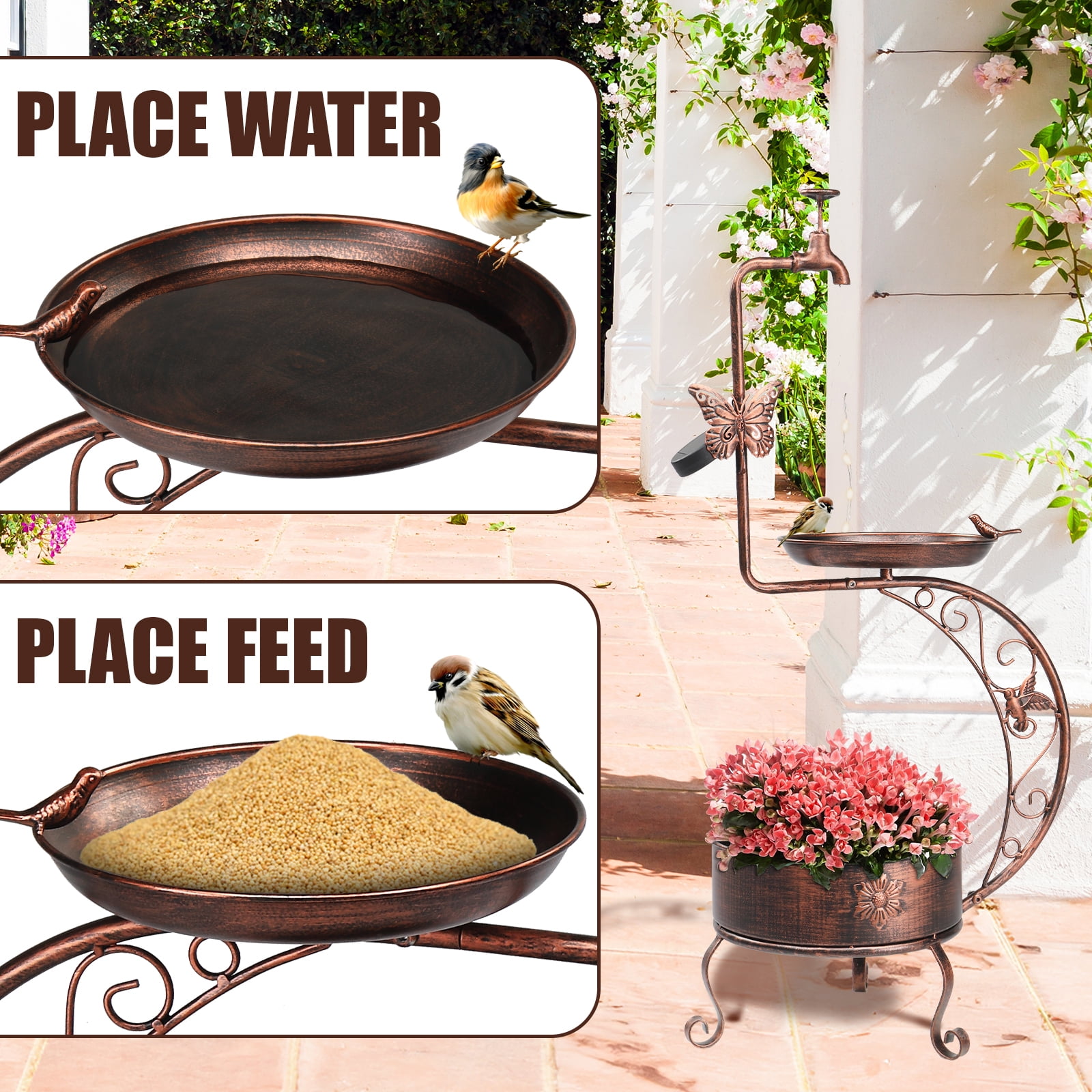 Ktaxon 36 Inch Height Garden Bird Bath for Outdoors, with Solar Lamp and Flower Planter Pedestal Standing Bird Feeder, Bronze