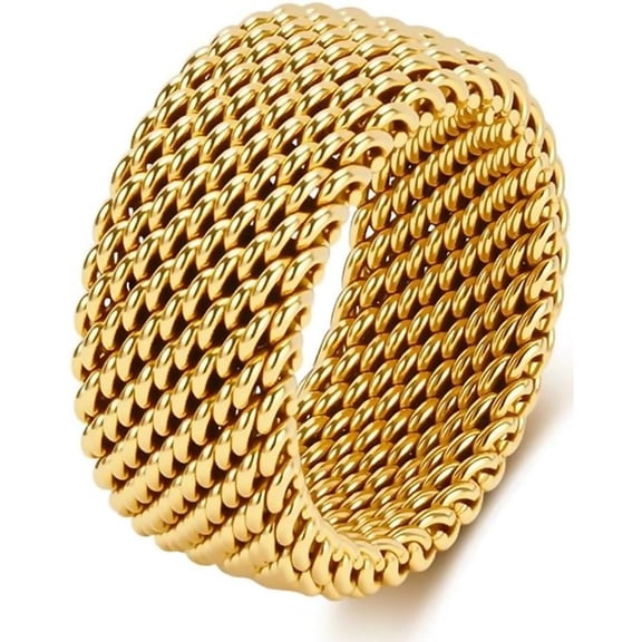 Zephyriana Stainless Steel Mesh Ring for Men Women, Wide Woven Band Ring, Gold Silver Black Tone Stainless Steel Statement Ring, Braided Texture Jewelry Gift for Daily Wear