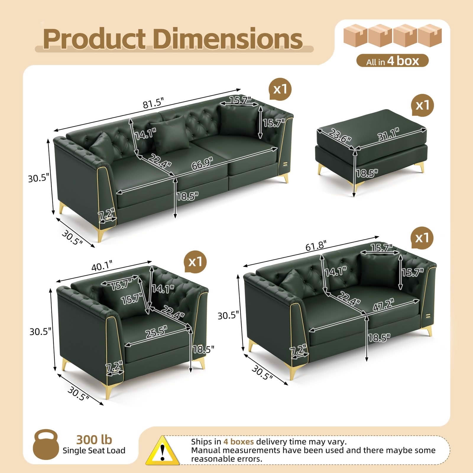 MAYEERTY Light Luxury Modular Chesterfield Sectional Sofa Set, Faux‑Leather Combination with Button Tufting, Metal‑Trim Armrest & Slim Metal Legs, 6 Pillows Included for Living Room