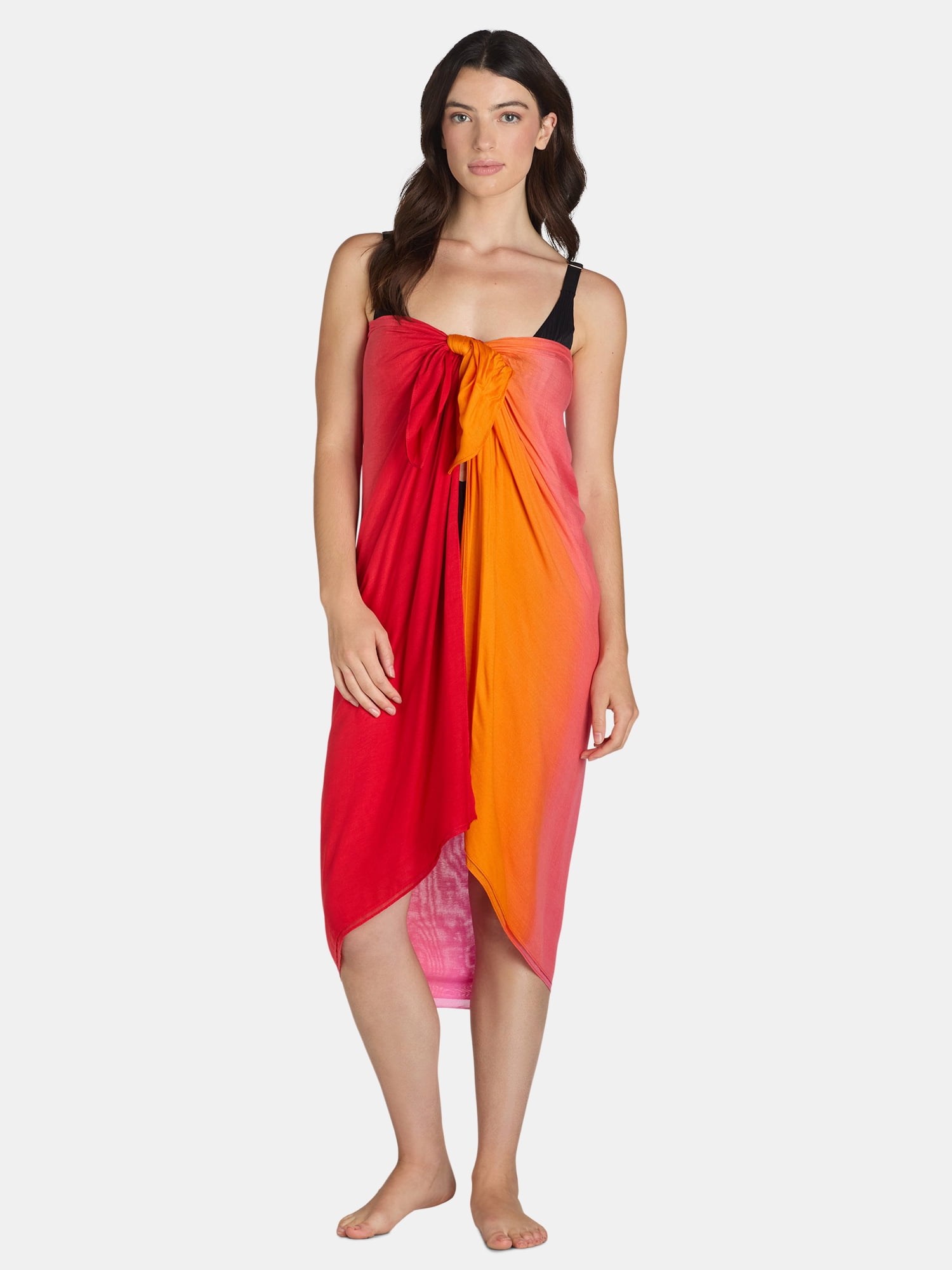 Time and Tru Women's Ombre Print Pareo, One Size, Orange/Red