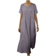 thumbnail image 1 of FRSASU Robe en Coton et Lin Femme à Manches Courtes Col Rond Robe Maxi Bohème Décontractée Été Modeste Longue Fluide Plage Vacances Robes Violet G(L), 1 of 5