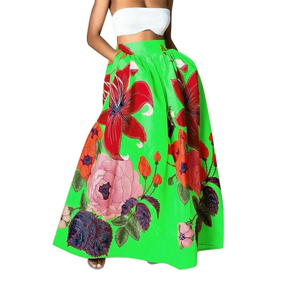 Aueoeo Maxi Skirt For Women Floral Print High Waist Skirt Fashion Loose Flowy Bohemian Skirts With Pocket Green M