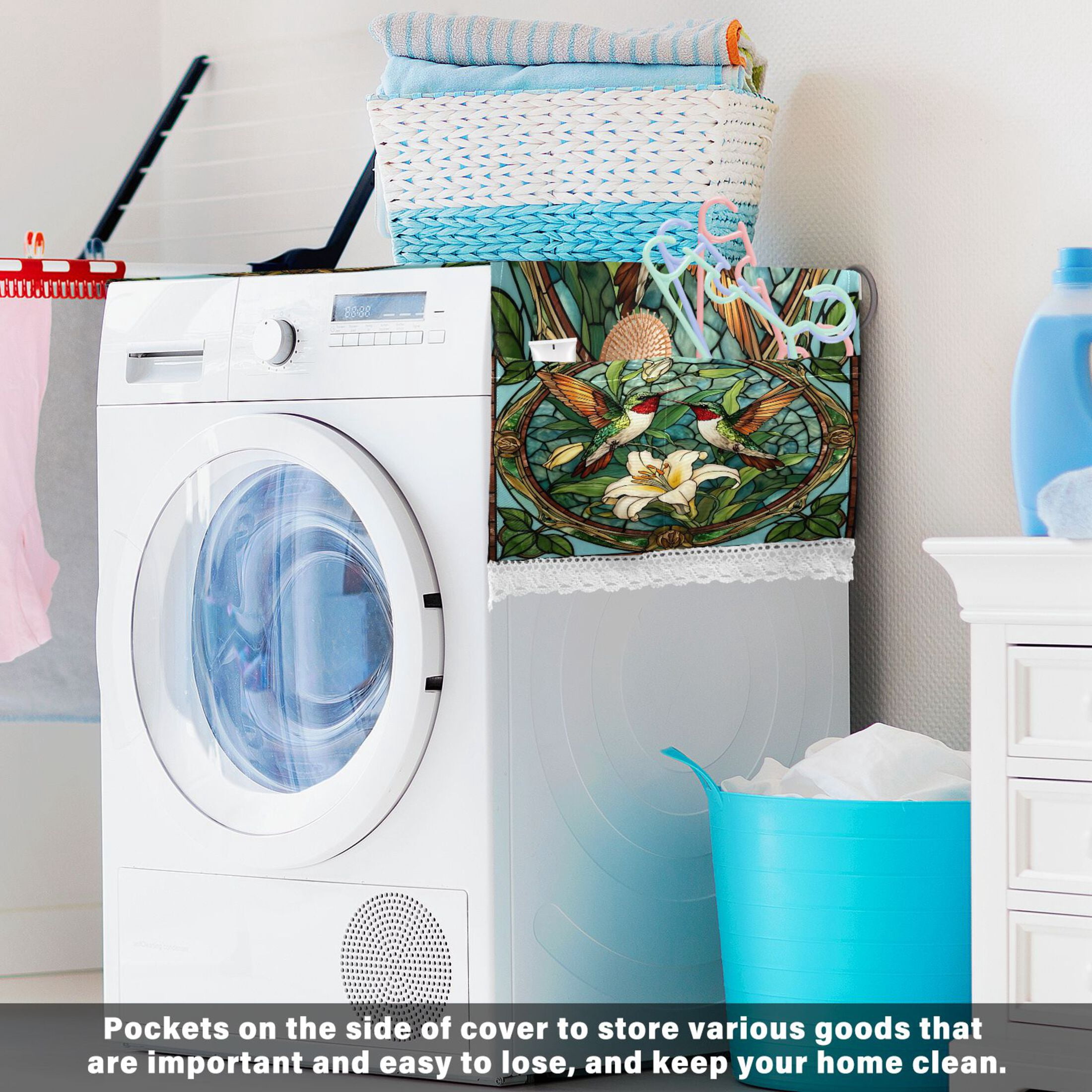 Wobogo Vintage Glass Bird Washing Machine Cover Dustproof Washer Dryer Cover Waterproof Laundry Room Decorative Protector
