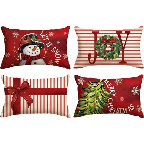 Merry Christmas Let It Snow Joy Stripes Gift Box Red Throw Pillow Covers, 12 x 20 Inch Xmas Tree Holiday Cushion Case Decoration for Sofa Couch Set of 4