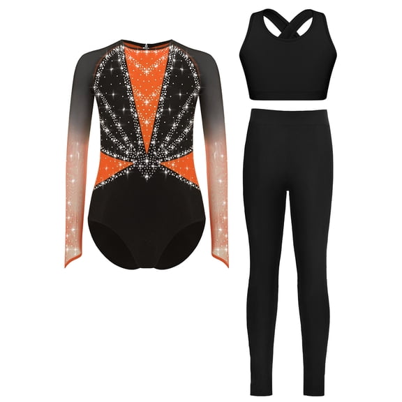 Haitryli Youth Girls' Athletic Dance Leotards 3-Piece Sparkle Dancing Unitards Bodysuit Vest Tops Leggings Gymnastics Sets Orange 6