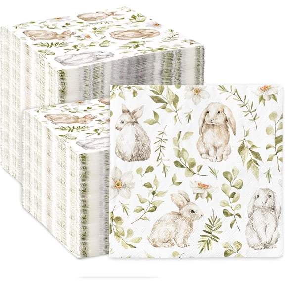 Easter Bunny Guest Napkins Watercolor Rabbit Leaves Disposable Paper Napkins for Dinner Party Table Supplies