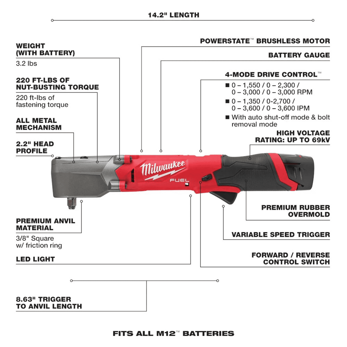 Milwaukee 2564-22 M12 FUEL 3/8" Right Angle Impact Wrench Dual Drive