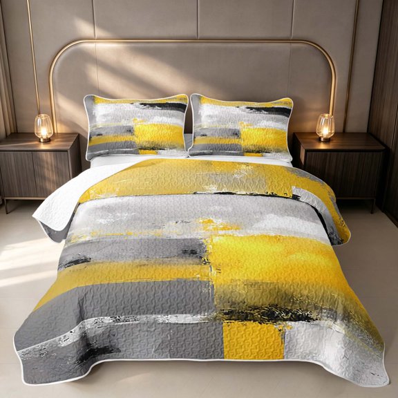 Erosebridal Ombre Yellow Gray Twin Quilt Set, Abstract Oil Painting Twin Coverlet Set, Gray Reversible 2 Pieces 1 Bedspread and 1 Pillowcase