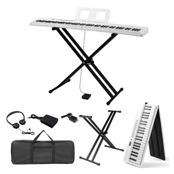 AetherLove 88 Key Folding Piano Semi-Weighted Standard Keyboards Digital Piano with Bluetooth, Handbag,Headphone,for Piano Lover,White- With Stand