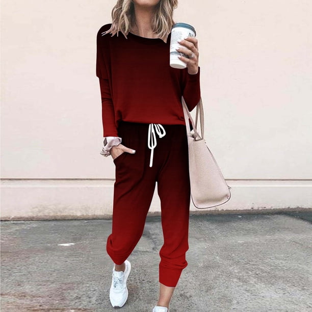 Puntoco Traje Casual Con Cordón Y Cuello Redondo De Manga Larga Con Estampado Degradado Suelto A La Moda Para Mujer Rojo Xxxl