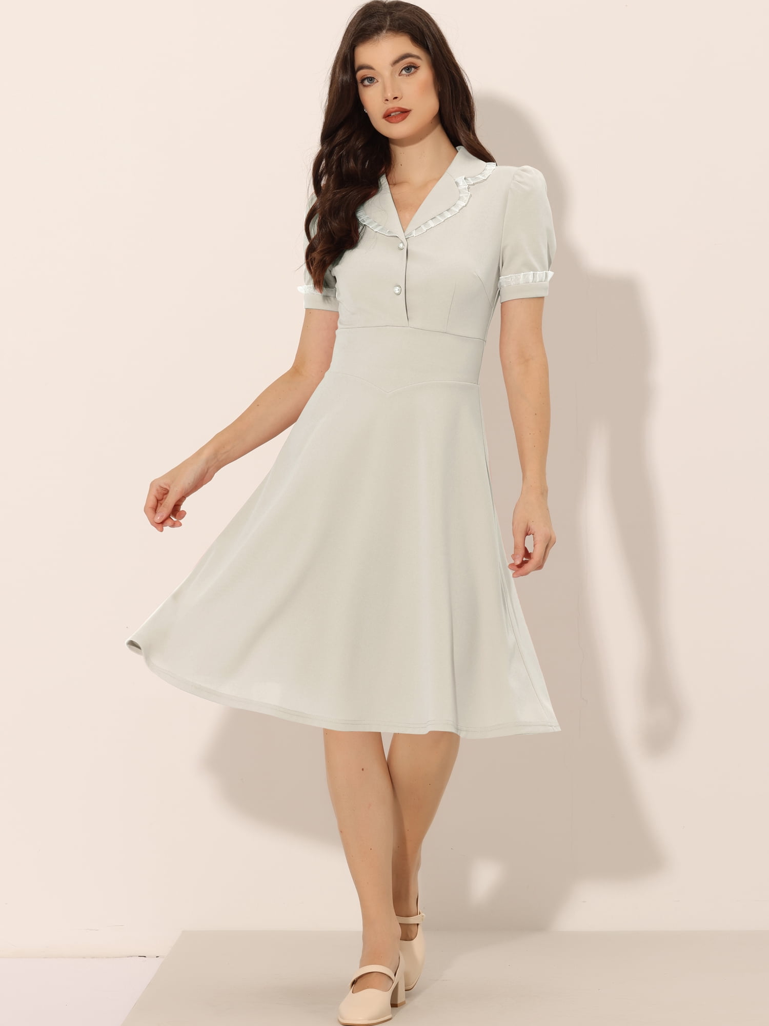 Unique Bargains Women's Ruffled Peter Pan Collar Midi Dresses M Grey