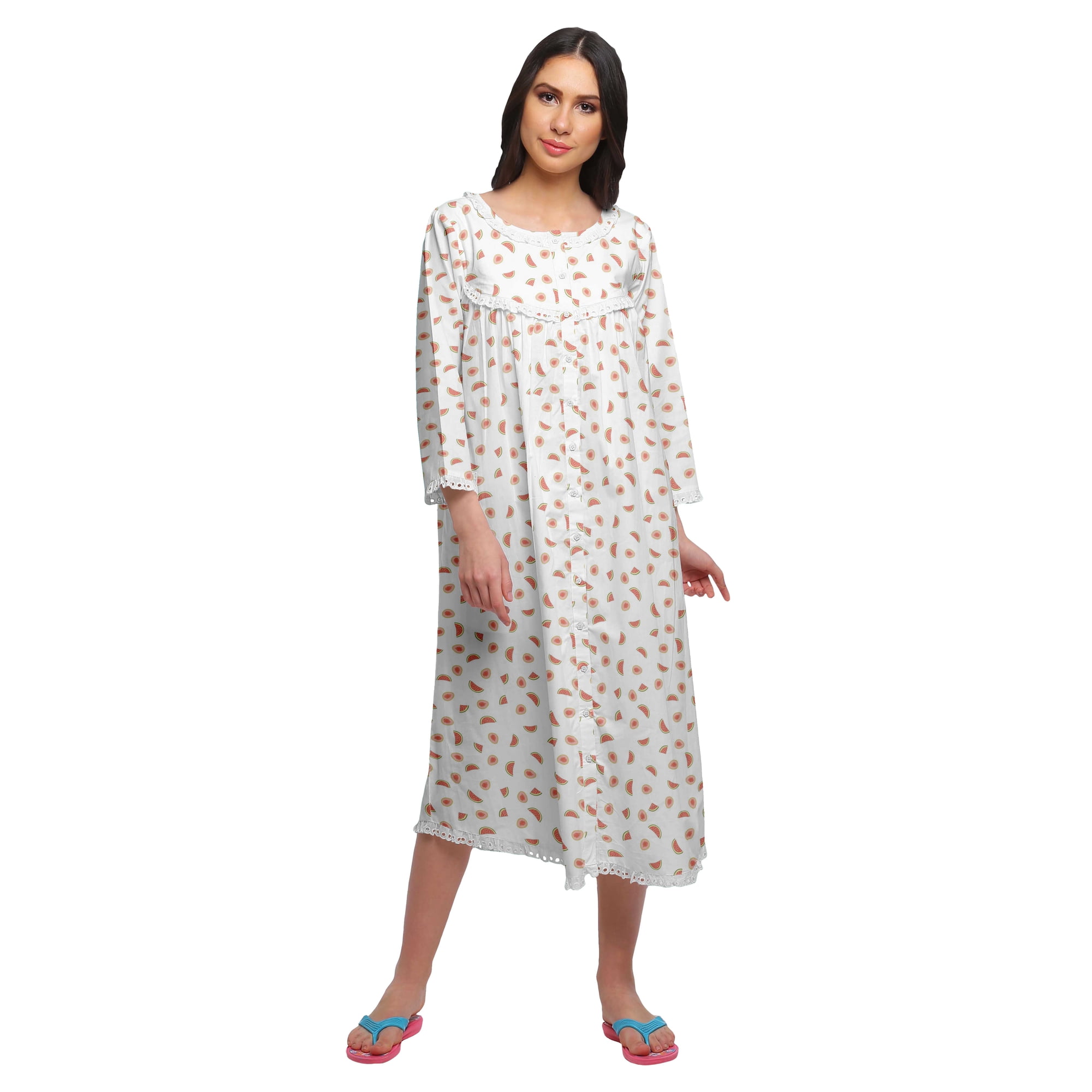 Moomaya Nightwear For Women Printed 3/4th Sleeve Cotton Knee Length Sleepwear