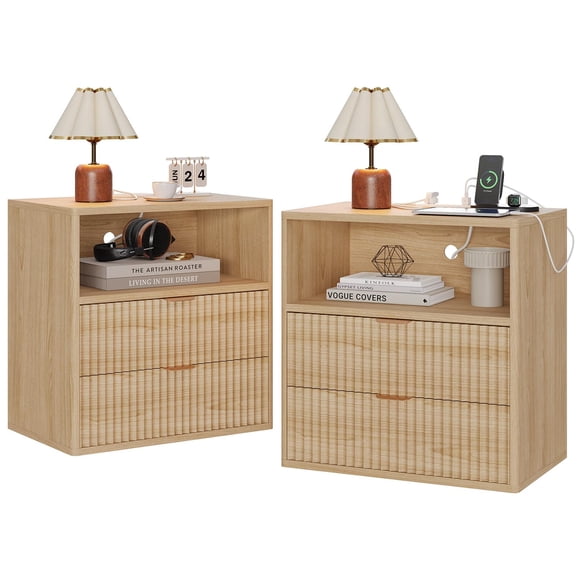 Set of 2 Fluted Nightstands with Charging Station, Mid Century Modern Bedside Table with 2 Drawers and Open Shelf, Wood End Table for Bedroom Living Room Home Office