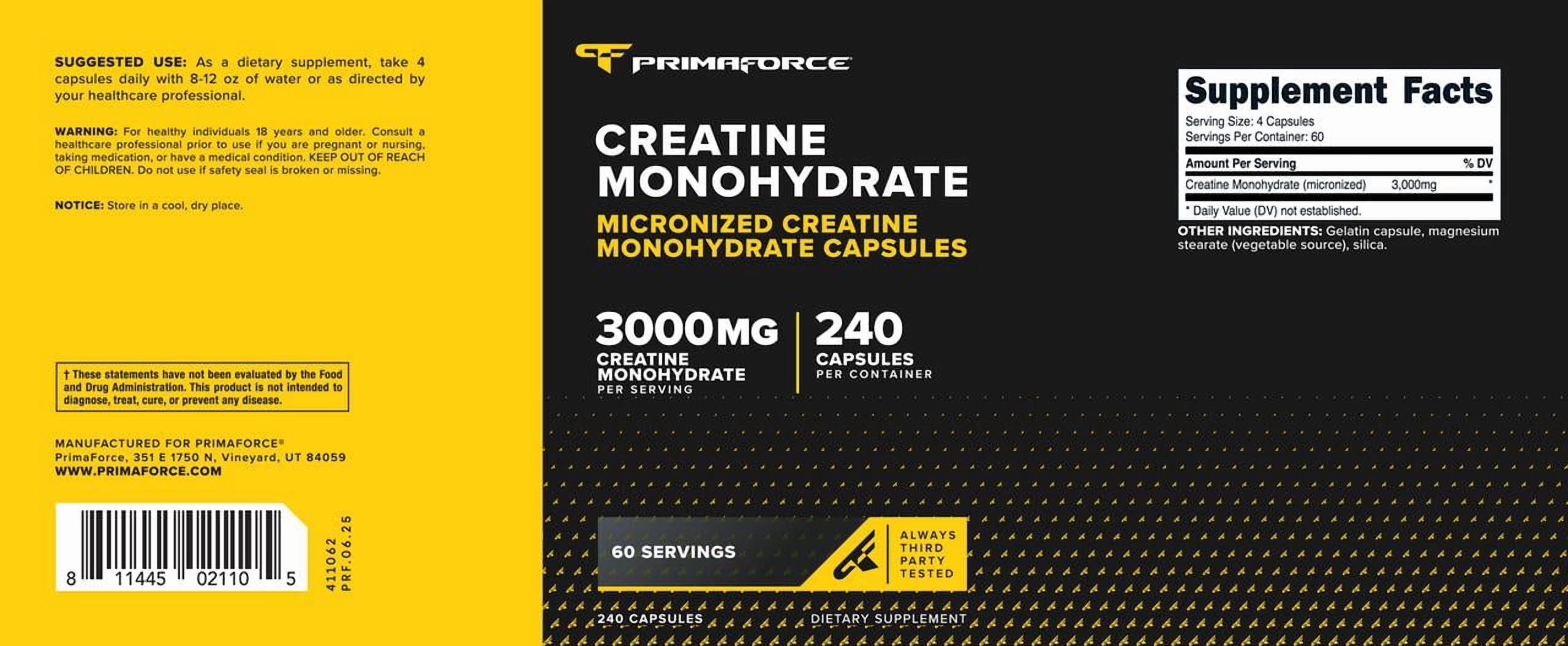 PrimaForce Cápsulas de Creatina Monohidrato - 240 Cápsulas, 3,000mg por Porción, Sin Gluten y No GMO 4