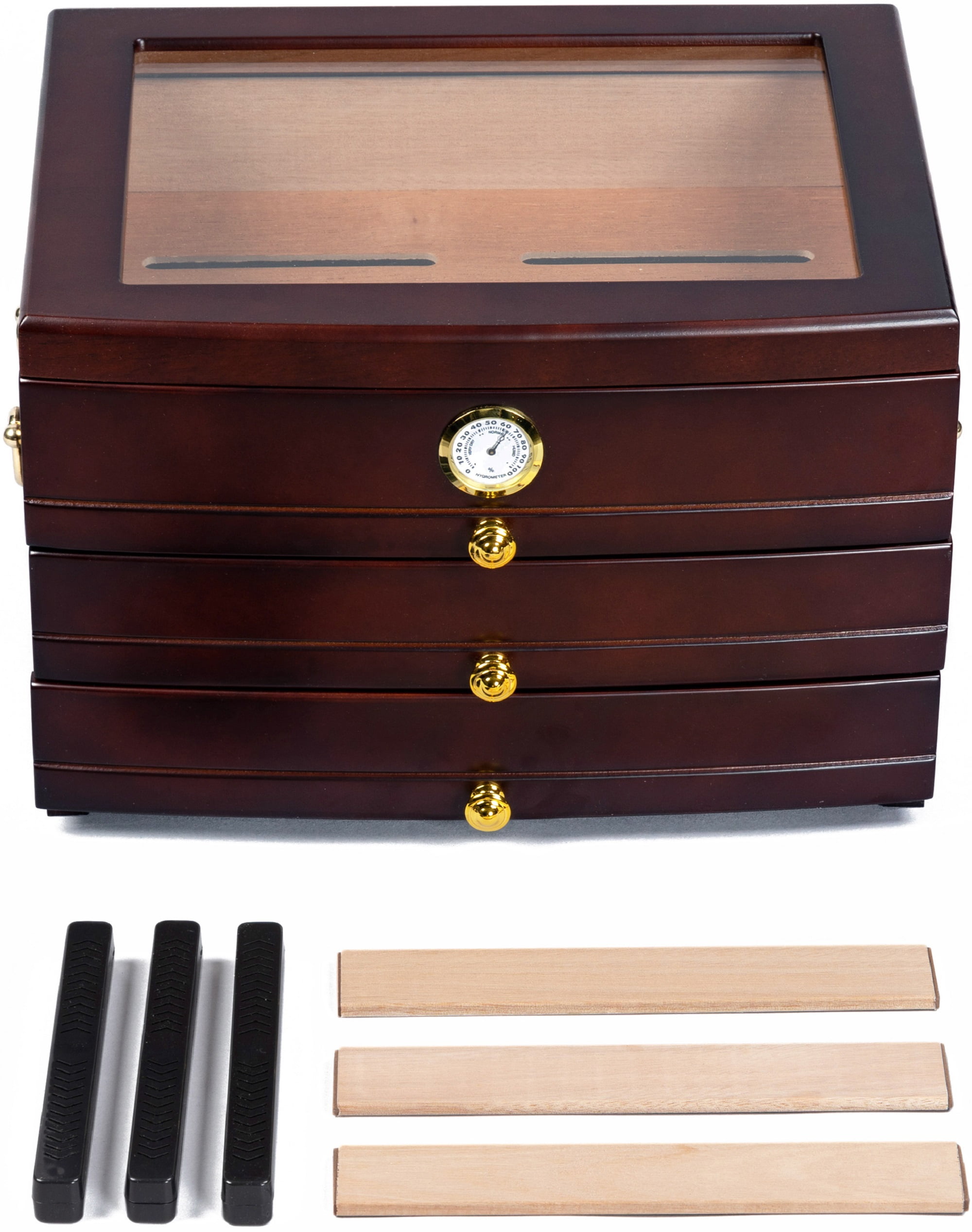 Regent Glass Top Cigar Humidor w/ 3 Drawers - Dark Mahogany Finish - Capacity: 75