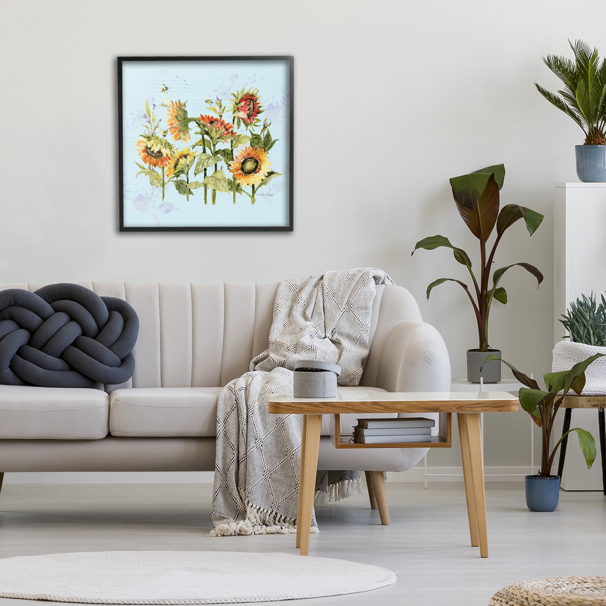 Stupell Industries Sunflowers & Bee on Blue Black Framed Giclee Art, design by Susan Winget
