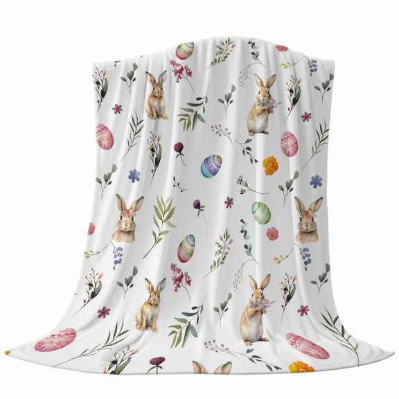 Easter Rabbits Throw Flannel Blanket Colorful Eggs Leaf Floral Spring Super Soft Cozy Bed Blanket, Lightweight Plush Fuzzy Bed Throw for Bedroom Sofa Couch Living Room 50x80In,