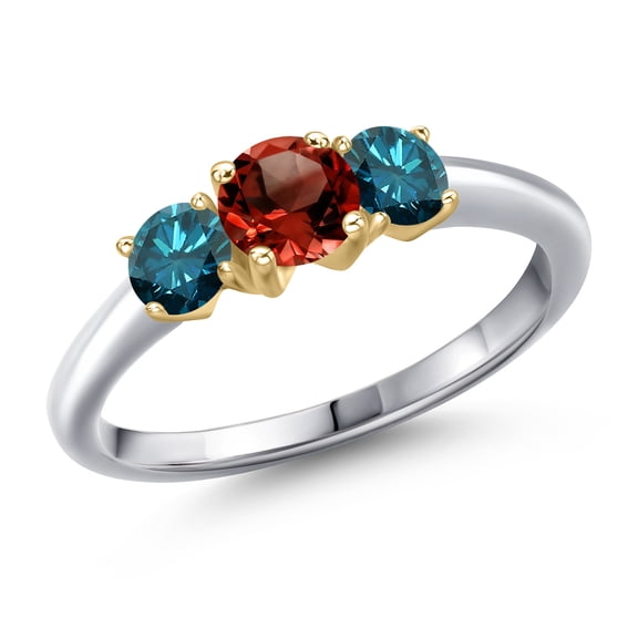 Gem Stone King 925 Silver and 10K Yellow Gold Red Garnet and Blue Diamond Engagement Ring for Women | 1.09 Cttw | Round 5MM | Gemstone January Birthstone | Size 7