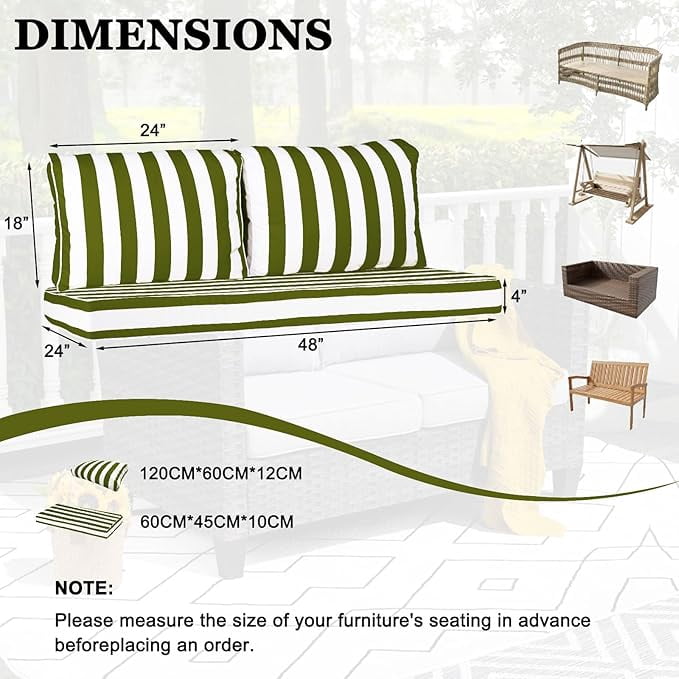 Outdoor Loveseat Cushion Set, 48 x 24 inch, Water Repellent Patio Furniture Cushions Replacement with Removable Cover( Grass Green)
